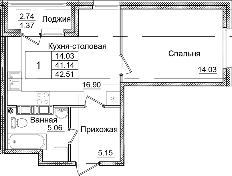 1-комнатная квартира 42.51 м², 8/9 эт., ЖК «Квартал Заречье»
